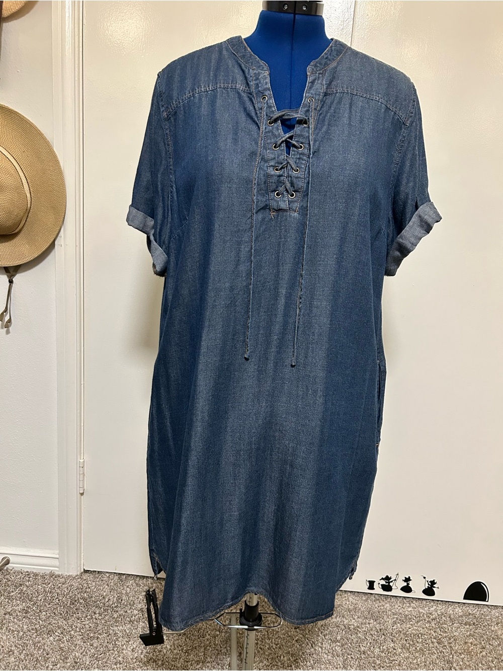 Philosophy Indigo Chambray Lace-Up Midi Dress with Pockets